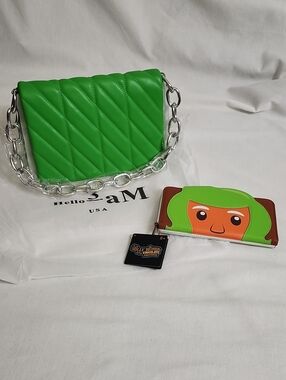 Hello3am Bright Green Quilted Crossbody with Willy Wonka Oompa Loompa Wallet